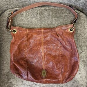 Vintage Fossil Weathered Brown Camel Colored Leather Shoulder Handbag Bag Purse.